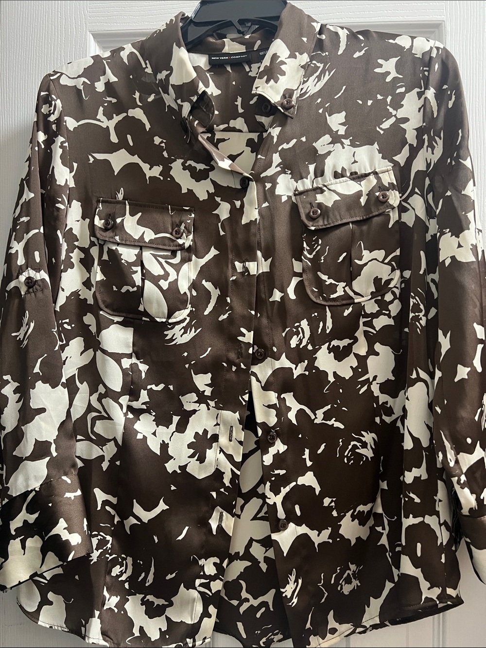 New York & Company Brown and White Floral Button-Down Shirt